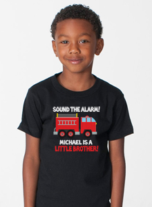 boys little brother shirt with fire truck
