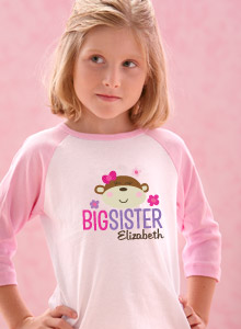 big sister monkey with name t-shirt